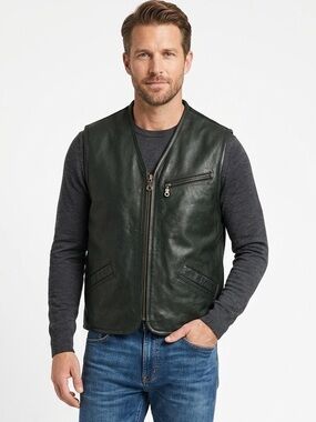 LEATHER VEST NICKELSON Zip-up black leather lined Vest with pockets Size Medium